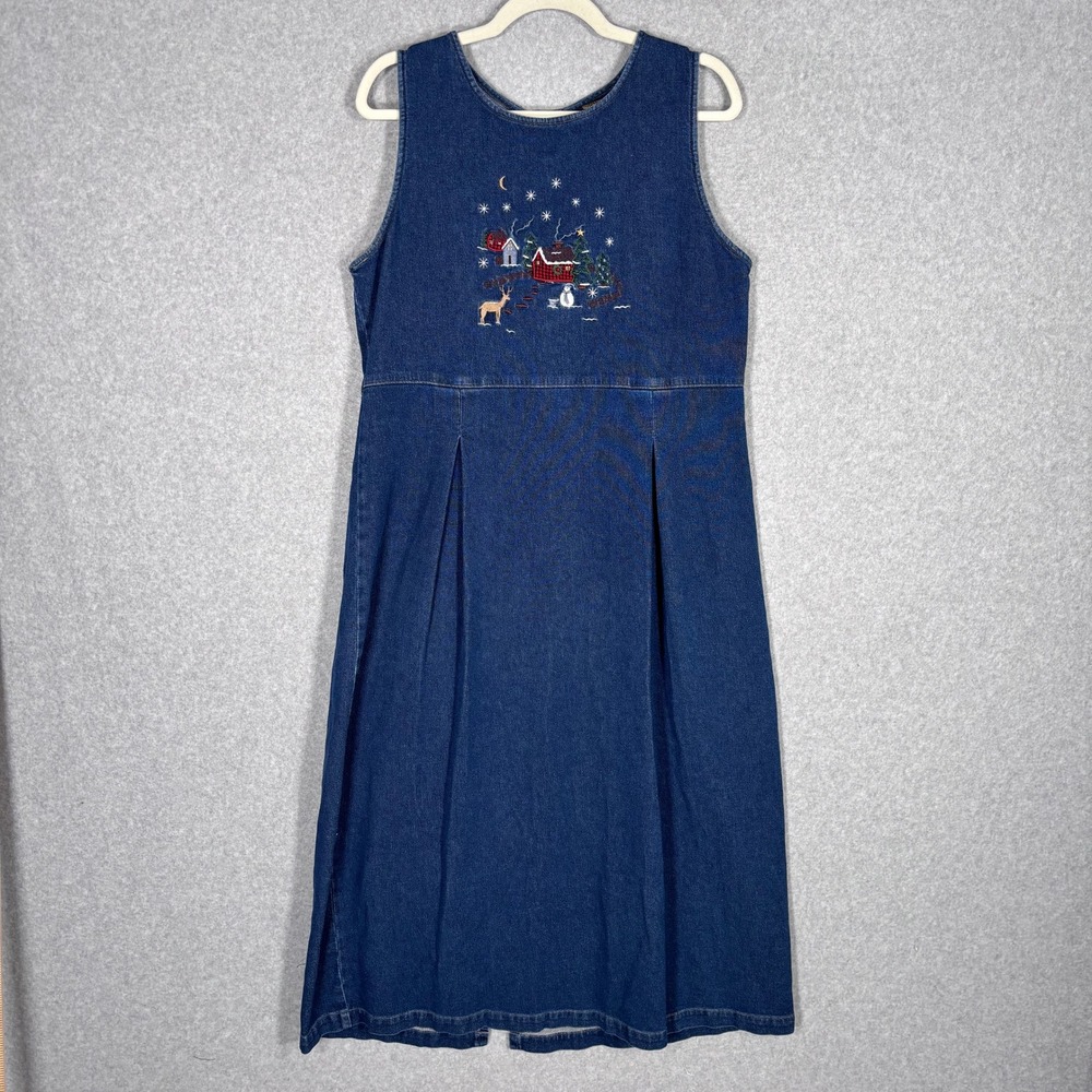 Vintage Woolrich Jumper Dress Medium Denim Embroidered Christmas Winter‎ Holiday